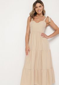 Born2be - Beżowa Rozkloszowana Sukienka z Wiskozą Ozdobiona Wiązaniem na Ramiączkach Meravessa. Okazja: na spacer. Kolor: beżowy. Materiał: wiskoza. Długość rękawa: na ramiączkach. Wzór: aplikacja #5