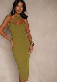 Renee - Jasnozielona Koktajlowa Sukienka Typu Bodycon o Asymetrycznym Kroju Haliannea. Okazja: na imprezę, na co dzień. Kolor: zielony. Długość rękawa: bez rękawów. Sezon: lato. Typ sukienki: bodycon, asymetryczne. Styl: wizytowy #4