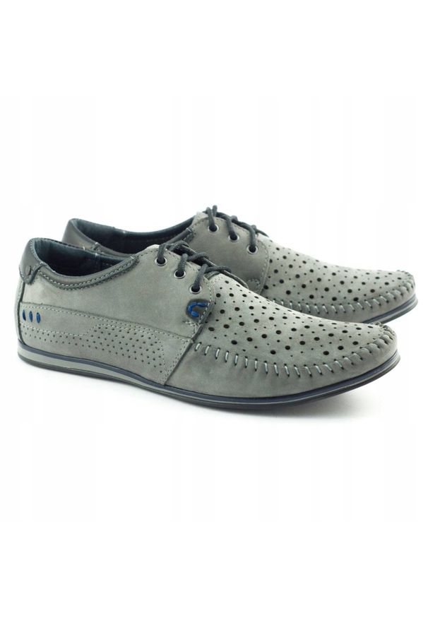KOMODO Buty męskie mokasyny 875 lato szare. Zapięcie: sznurówki. Kolor: szary. Materiał: skóra. Wzór: ażurowy. Sezon: lato