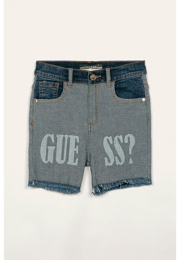 Guess Jeans - Szorty dziecięce 136-175 cm. Okazja: na co dzień. Stan: podwyższony. Kolor: niebieski. Materiał: jeans. Wzór: nadruk. Styl: casual