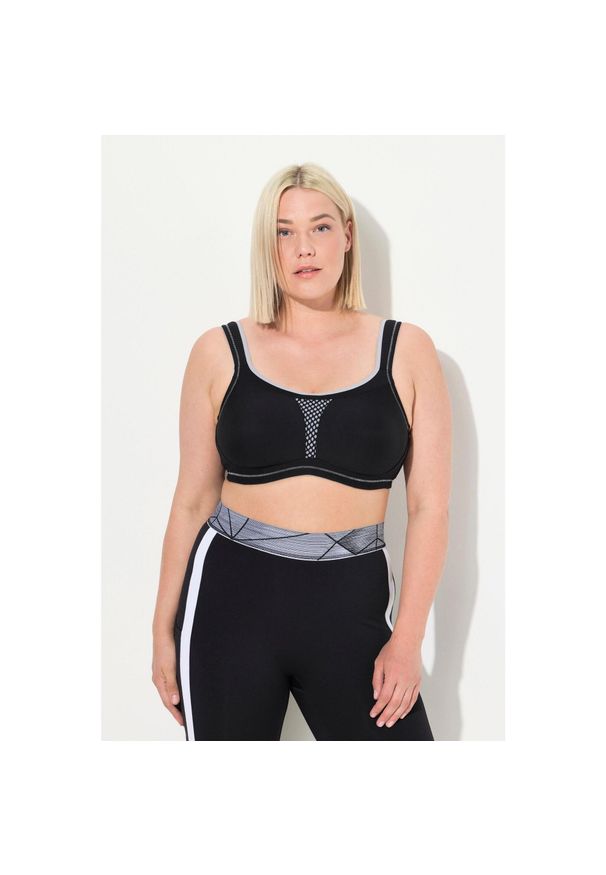 ULLA POPKEN - Damski Sportowy Biustonosz bez fiszbin siateczkowa wstawka mis. C–E. Kolekcja: plus size. Kolor: czarny. Materiał: poliester, elastan, poliamid, materiał