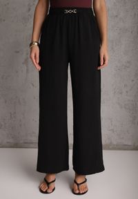 Renee - Czarne Spodnie Casual Wide Leg High Waist Zdobione Klamerką w Talii Cythiopis. Okazja: na co dzień. Stan: podwyższony. Kolekcja: plus size. Kolor: czarny. Długość: krótkie. Wzór: aplikacja. Styl: casual #6