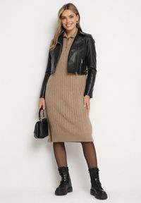 Born2be - Beżowa Sweterkowa Sukienka Pudełkowa z Bawełną i Wełną Ozdobiona Suwakiem Reimia. Okazja: na co dzień. Kolor: beżowy. Materiał: wełna, bawełna. Wzór: aplikacja. Styl: klasyczny, casual #7