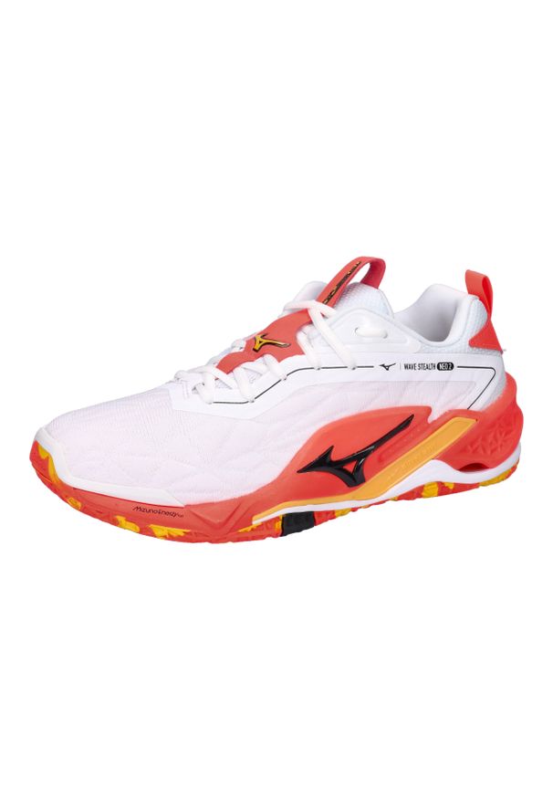 Buty halowe Mizuno Wave Stealth Neo 2. Kolor: biały, żółty, wielokolorowy, pomarańczowy. Model: Mizuno Wave. Sport: piłka ręczna