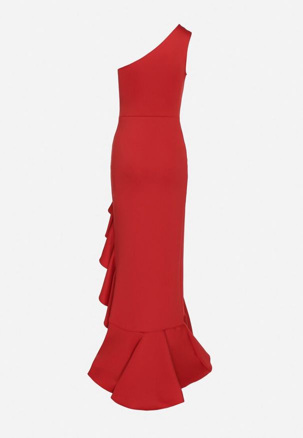 Born2be - Czerwona Sukienka Asymetryczna z Ozdobną Falbaną Lunorilla. Kolor: czerwony. Typ sukienki: asymetryczne