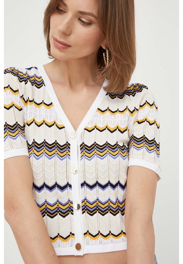 Morgan kardigan damski lekki. Materiał: dzianina. Długość rękawa: krótki rękaw. Długość: krótkie