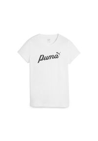 Puma - Damska koszulka ESS+ Script PUMA White. Kolor: biały. Wzór: aplikacja