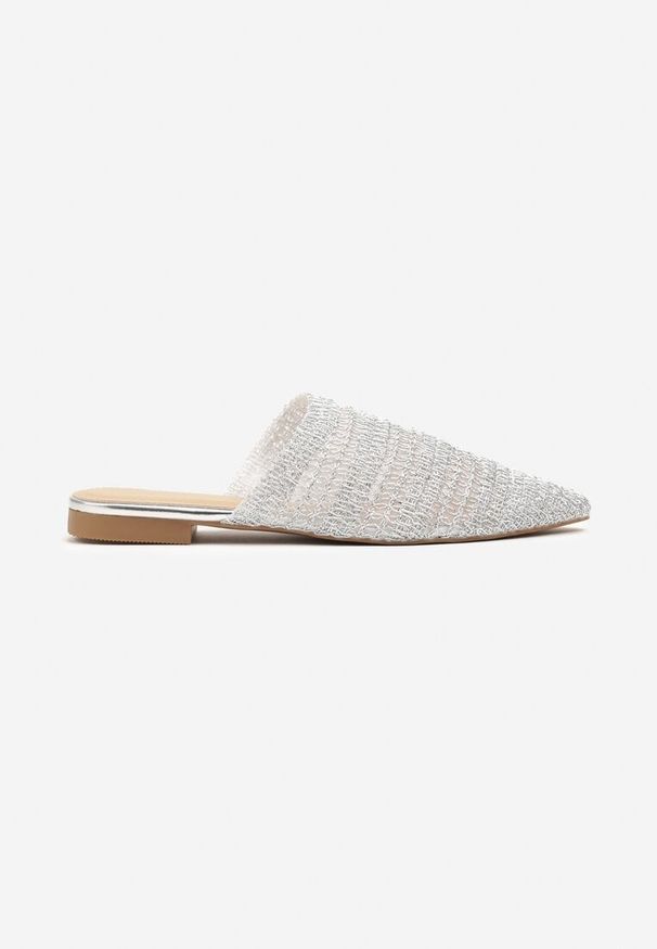 Renee - Srebrne Klapki Mule Ozdobione Plecionką Tatnora. Okazja: na co dzień. Kolor: srebrny. Materiał: jeans. Wzór: aplikacja. Sezon: wiosna, lato. Obcas: na obcasie. Styl: casual, elegancki