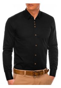 Ombre Clothing - Koszula męska z kontrastowymi guzikami SLIM K302 - czarna - XL. Kolor: czarny. Materiał: bawełna, elastan. Wzór: aplikacja #5
