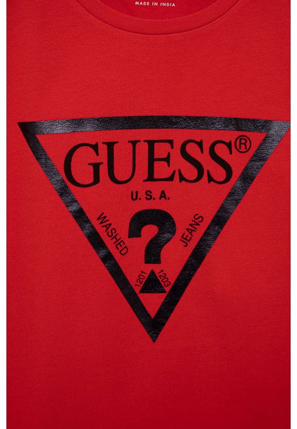 Guess - T-shirt dziecięcy. Okazja: na co dzień. Kolor: czerwony. Materiał: dzianina, bawełna. Wzór: nadruk. Styl: casual
