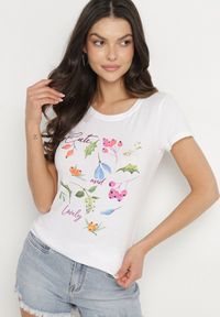 Born2be - Różowy Bawełniany T-shirt z Ozdobnym Nadrukiem Zaromira. Okazja: na co dzień. Kolor: biały. Materiał: bawełna. Wzór: nadruk. Styl: klasyczny, elegancki, casual #4