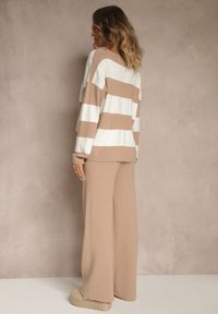 Renee - Beżowy Komplet z Dzianiny Spodnie Wide Leg i Sweter w Szerokie Pasy Falorella. Kolor: beżowy. Materiał: dzianina #3