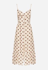 Born2be - Beżowa Wiskozowa Sukienka w Kropki na Ramiączkach Zapinana na Guziki Katilane. Okazja: na co dzień. Typ kołnierza: dekolt w serek. Kolor: beżowy. Materiał: wiskoza. Długość rękawa: na ramiączkach. Wzór: kropki. Sezon: wiosna, lato. Styl: casual, elegancki, klasyczny #6