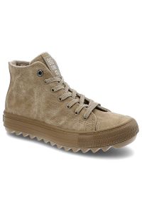 Big-Star - Beżowe Sneakersy Big Star Damskie Stylowe Obuwie. Okazja: na co dzień. Wysokość cholewki: przed kolano. Zapięcie: sznurówki. Kolor: beżowy. Materiał: guma, skóra ekologiczna. Szerokość cholewki: normalna. Sezon: jesień. Sport: turystyka piesza