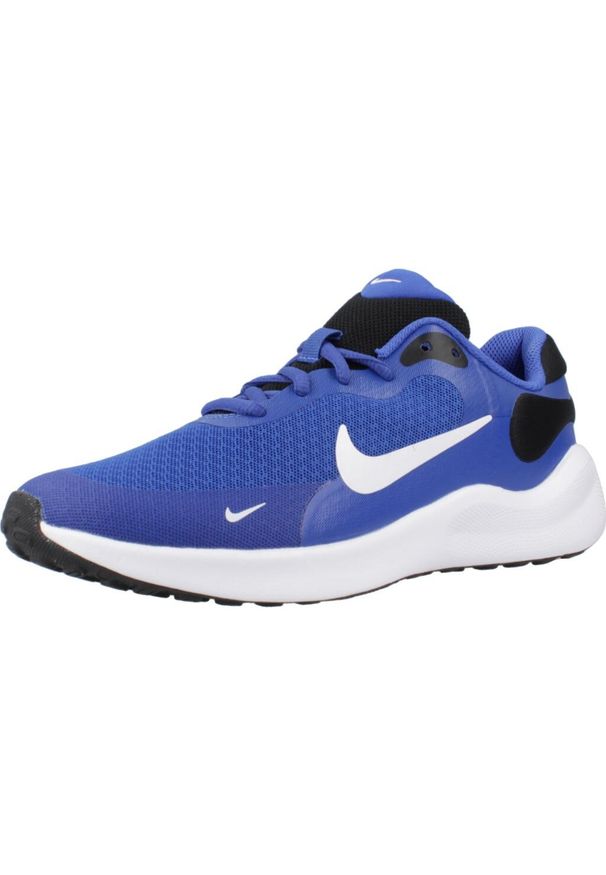 Buty do biegania dla dzieci Nike Revolution 7. Zapięcie: sznurówki. Kolor: wielokolorowy, czarny, niebieski, zielony. Materiał: materiał, syntetyk, tkanina. Szerokość cholewki: normalna. Model: Nike Revolution