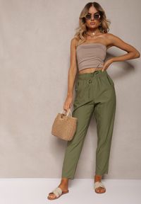 Renee - Ciemnozielone Spodnie Paper Bag z Elastyczną Talią i Sznurkiem Klemiordia. Kolor: zielony