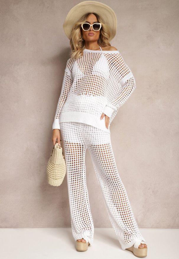 Renee - Biała Bluzka z Ażurowej Dzianiny z Obniżoną Linią Ramion Limira. Okazja: na co dzień. Kolor: biały. Materiał: dzianina. Wzór: ażurowy. Styl: casual