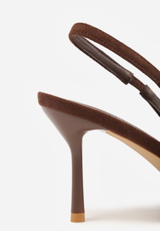 Born2be - Brązowe Sandały Slingback z Imitacji Zamszu na Szpilce z Noskiem w Szpic Delanoe. Okazja: na wesele, na imprezę, na co dzień, na ślub cywilny. Nosek buta: szpiczasty. Zapięcie: bez zapięcia. Kolor: brązowy. Materiał: zamsz. Obcas: na szpilce. Styl: casual, klasyczny, elegancki