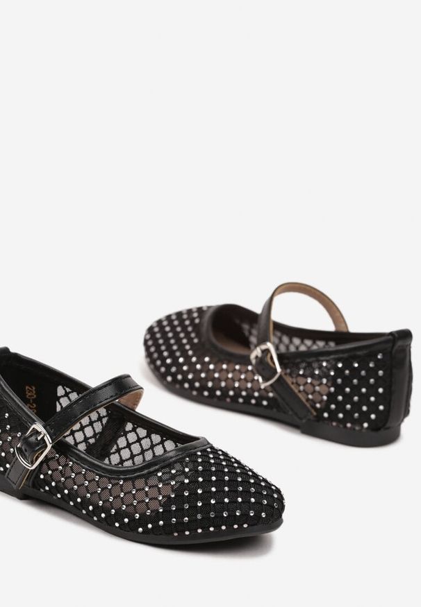 Renee - Czarne Siateczkowe Balerinki z Cyrkoniami i Paskiem z Klamerką Territi. Okazja: na co dzień, na uczelnię. Zapięcie: pasek. Kolor: czarny. Styl: elegancki, casual