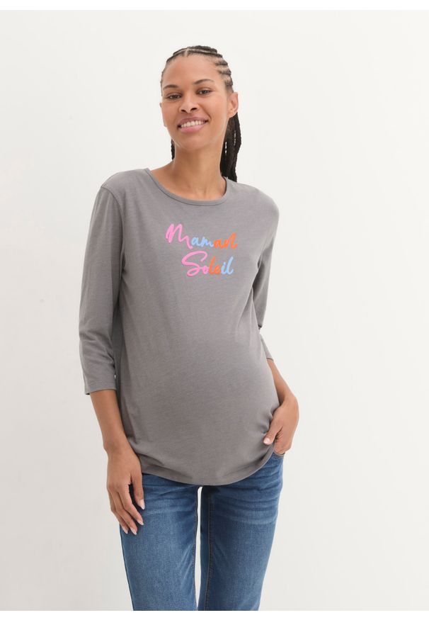 bonprix - Shirt ciążowy z bawełny organicznej, rękawy 3/4. Kolekcja: moda ciążowa. Kolor: szary. Materiał: bawełna