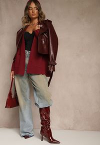 Renee - Bordowy Kardigan z Kaszmirem o Prostym Kroju Bez Zapięć z Kieszeniami Zaisa. Kolor: czerwony. Materiał: kaszmir. Styl: elegancki