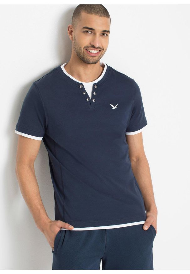 bonprix - Shirt 2 w 1, krótki rękaw (2 szt.). Kolor: niebieski. Długość rękawa: krótki rękaw. Długość: krótkie. Wzór: haft