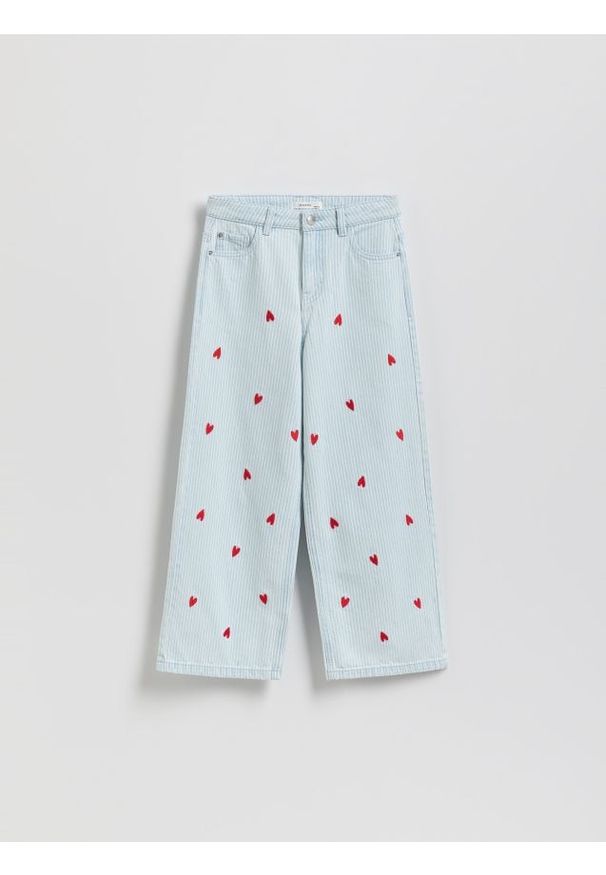 Reserved - Jeansy wide leg z haftem - niebieski. Kolor: niebieski. Wzór: haft