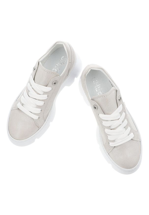 CheBello - Srebrne Półbuty Chebello Modne Obuwie Damskie. Zapięcie: sznurówki. Kolor: srebrny. Materiał: materiał. Styl: klasyczny, elegancki