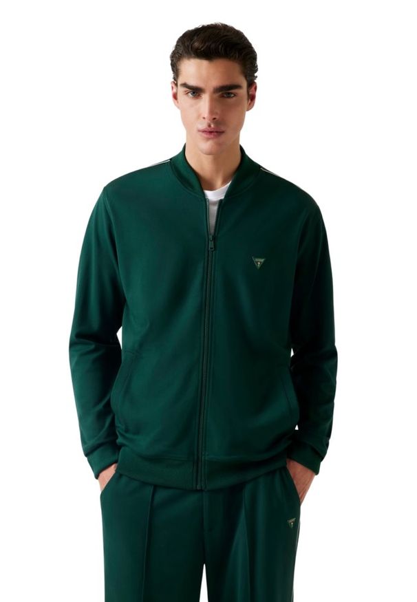 Guess - GUESS Zielona męska bluza rozpinana Truck Interlock, Rozmiar M. Kolor: zielony. Materiał: poliester, wiskoza, elastan, materiał. Długość rękawa: długi rękaw. Długość: długie. Styl: elegancki, klasyczny