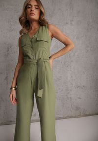 Renee - Zielony Kombinezon Utility z Wiskozy na Szerokich Ramiączkach z Wiązanym Paskiem Jenora. Kolor: zielony. Materiał: wiskoza. Długość rękawa: na ramiączkach. Sezon: lato #4