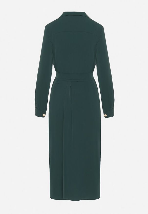 Born2be - Ciemnozielona Koszulowa Sukienka z Eleganckimi Guzikami i Wiązanym Paskiem w Talii Kortella. Okazja: na spotkanie biznesowe, na co dzień. Typ kołnierza: dekolt w serek. Kolor: zielony. Długość rękawa: długi rękaw. Typ sukienki: koszulowe. Styl: elegancki