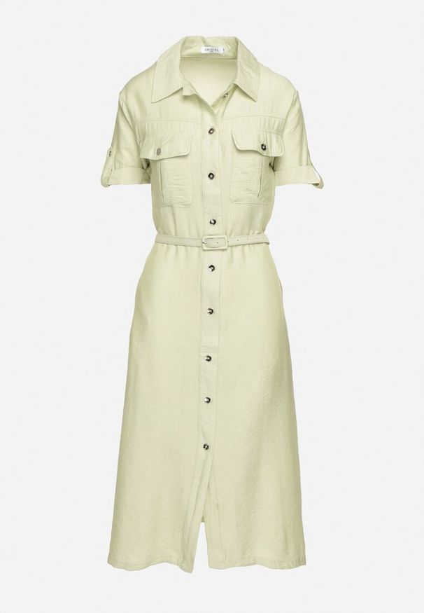 Born2be - Zielona Wiskozowa Sukienka o Koszulowym Kroju z Paskiem Nelavyn. Okazja: do pracy, na co dzień. Kolor: zielony. Materiał: wiskoza. Długość rękawa: krótki rękaw. Typ sukienki: koszulowe. Styl: casual, elegancki