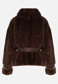 Born2be - Brązowa Futrzana Kurtka z Paskiem z Imitacji Skóry i Ozdobnymi Sprzączkami Oryss. Okazja: na co dzień. Kolor: brązowy. Materiał: skóra, futro. Styl: casual #8