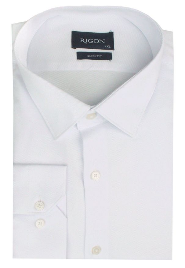 Elegancka Męska Taliowana Koszula - Rigon - Biała (Slim Fit). Okazja: na spotkanie biznesowe, do pracy. Kolor: biały. Materiał: poliester, bawełna, elastan. Długość rękawa: długi rękaw. Długość: długie. Styl: elegancki