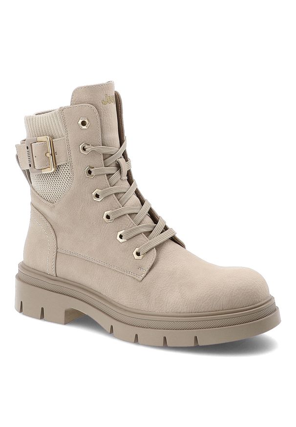 Botki damskie Jeep, trzewiki na płaskim obcasie za kostkę i zapinane na zamek, kremowe, JL52591A. Zapięcie: zamek. Kolor: beżowy. Szerokość cholewki: normalna. Wzór: moro. Wysokość cholewki: za kostkę. Materiał: dzianina. Sezon: zima, jesień. Obcas: na obcasie. Styl: militarny. Wysokość obcasa: niski