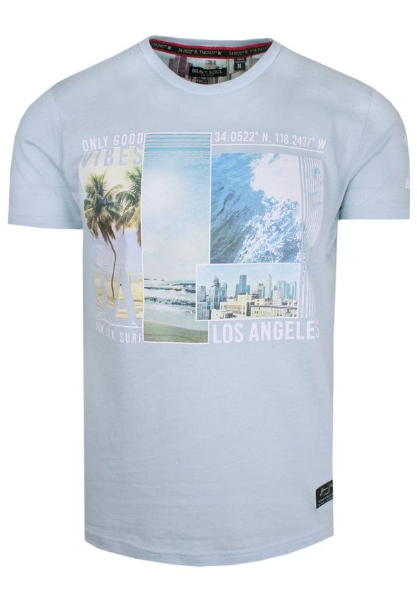 Brave Soul - T-Shirt Bawełniany Niebieski z Nadrukiem, LOS ANGELES, Okrągły Dekolt -BRAVE SOUL. Okazja: na co dzień. Kolor: niebieski. Materiał: bawełna. Wzór: nadruk. Styl: casual