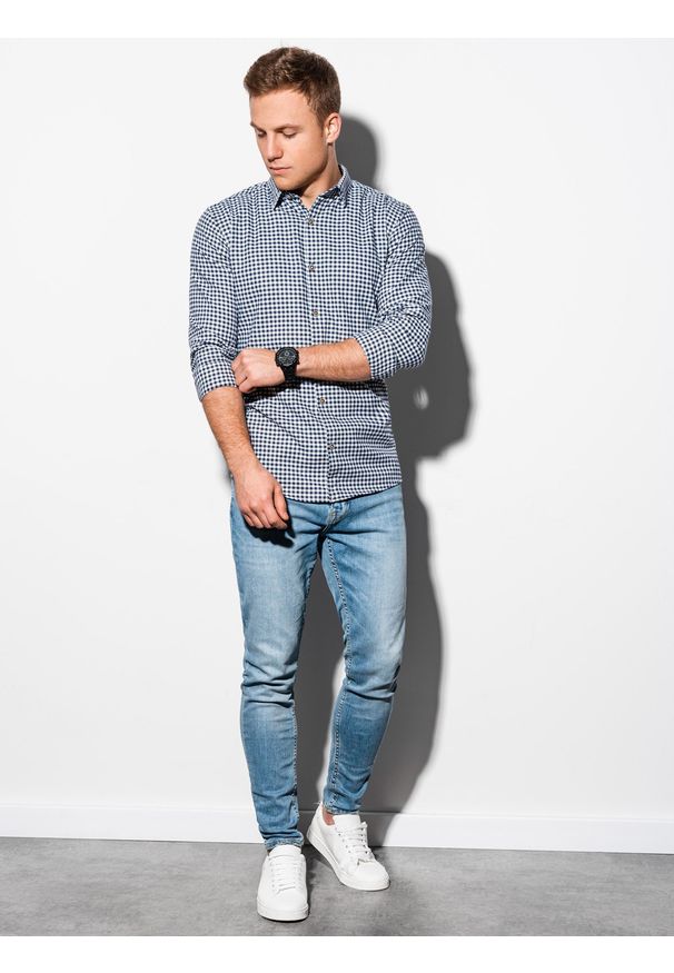 Ombre Clothing - Koszula męska w kratę z długim rękawem K563 - biała/granatowa - XXL. Kolor: biały. Materiał: bawełna, poliester. Długość rękawa: długi rękaw. Długość: długie
