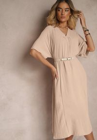 Renee - Beżowa Pudełkowa Sukienka z Bawełną i Marszczeniem Teleriela. Kolor: beżowy. Materiał: bawełna. Sezon: lato