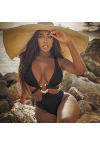 Intica - Strój kąpielowy z ozdobną klamrą elastyczny na plażę i basen G. Kolor: czarny. Materiał: materiał #2