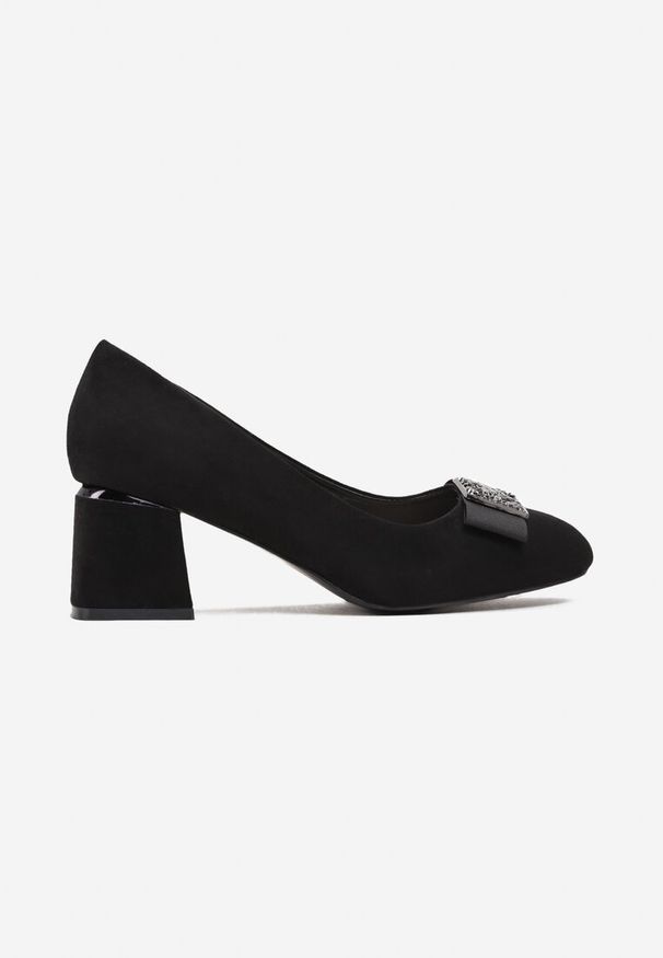 Renee - Czarne Czółenka na Słupku z Ozdobną Kokardką Klowerna. Kolor: czarny. Obcas: na słupku. Styl: elegancki