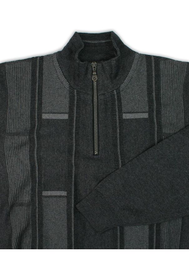 Kings - Sweter Popielaty, z Wysoką Stójką, Góra Zapinana na Zamek, Wzór Geometryczny, Męski. Typ kołnierza: kołnierzyk stójkowy. Kolor: szary. Materiał: bawełna, akryl. Wzór: geometria. Sezon: zima, jesień. Styl: klasyczny