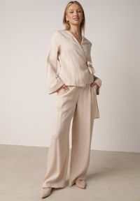 Born2be - Beżowe Wiskozowe Spodnie z Szeroką Nogawką i Wiązaniem w Talii Terisanna. Okazja: na co dzień. Kolor: beżowy. Materiał: wiskoza. Styl: casual, elegancki, klasyczny #1
