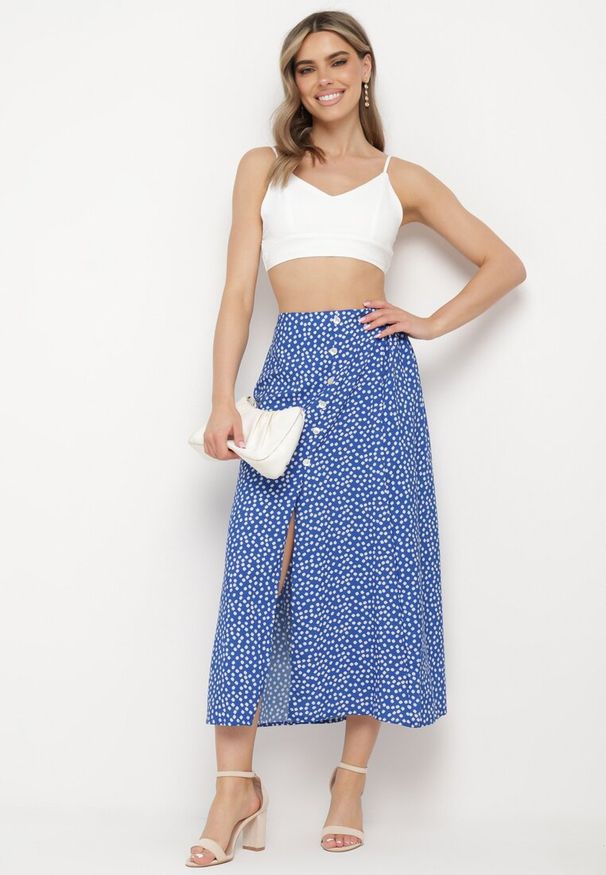 Born2be - Niebieska Spódnica z Gumką w Pasie z Rozcięciem z Boku Comella. Okazja: na co dzień, na spotkanie biznesowe. Kolor: niebieski. Styl: elegancki, biznesowy, casual