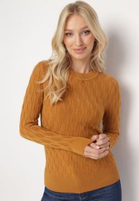 Born2be - Jasnobrązowy Klasyczny Sweter z Tłoczonym Zdobieniem Nainea. Okazja: na co dzień. Kolor: brązowy. Wzór: aplikacja. Styl: klasyczny #3