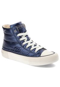 TOMMY HILFIGER - Granatowe Trampki Tommy Hilfiger Modne Pikowane Buty Damskie. Kolor: niebieski. Materiał: skóra ekologiczna, materiał. Szerokość cholewki: normalna. Styl: sportowy