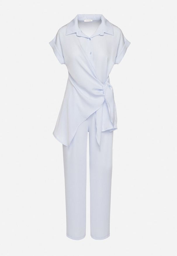 Born2be - Niebieski Komplet Koszula z Asymetrycznym Wiązaniem i Szerokie Spodnie Filivara. Kolor: niebieski