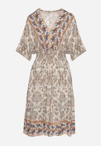 Born2be - Ciemnobeżowa Sukienka z Wiskozy w Ornamentalny Wzór z Szeroką Gumką w Pasie Tanissla. Okazja: na co dzień, na randkę, do pracy, na spotkanie biznesowe. Typ kołnierza: dekolt w kształcie V. Kolor: beżowy. Materiał: wiskoza. Długość rękawa: krótki rękaw. Sezon: wiosna, lato. Styl: biznesowy, klasyczny, casual, elegancki #2