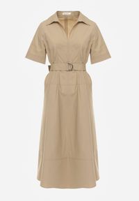 Renee - Beżowa Pudełkowa Sukienka z Bawełny Ozdobiona Przeszyciami i Paskiem Anthionis. Okazja: na co dzień. Kolor: beżowy. Materiał: bawełna. Wzór: aplikacja. Typ sukienki: proste. Styl: elegancki, casual #8