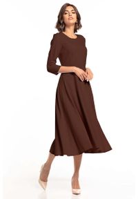 Tessita - Rozkloszowana Sukienka do Połowy Łydki - Brązowa. Kolor: brązowy. Materiał: bawełna, elastan #1