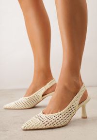 Renee - Żółte Plecione Czółenka Slingback na Szpilce z Ażurową Cholewką Hibiscae. Okazja: na co dzień. Kolor: żółty. Materiał: jeans. Szerokość cholewki: normalna. Wzór: ażurowy. Sezon: wiosna. Obcas: na szpilce. Styl: wizytowy, casual, elegancki #1